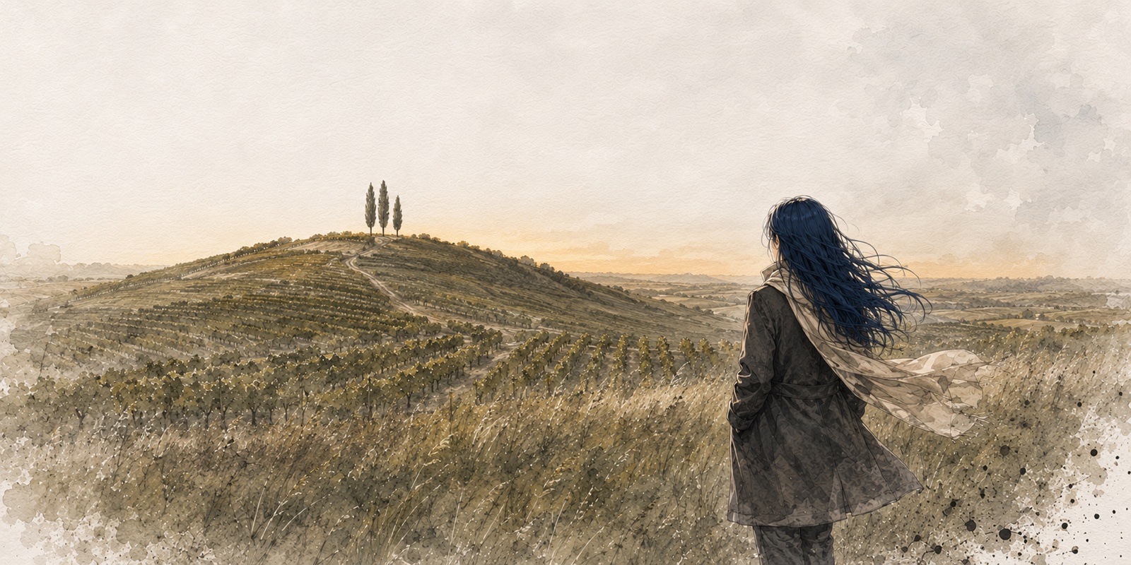 Watercolor illustration of a small hill among vineyards at dusk in Pauillac, Médoc