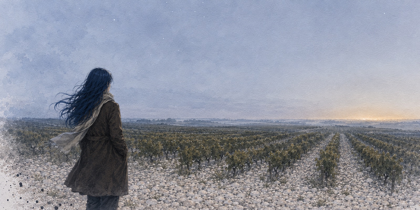 Watercolor illustration of a gravel vineyard in Graves at blue hour with a distant glow on the horizon