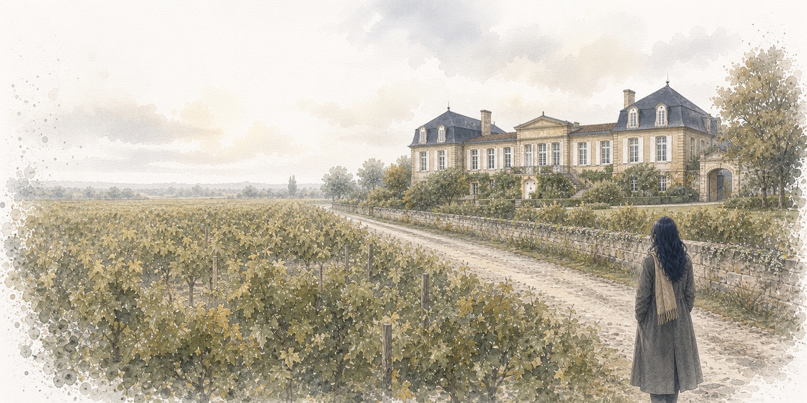 Watercolor illustration of vineyard rows leading toward a distant historic estate
