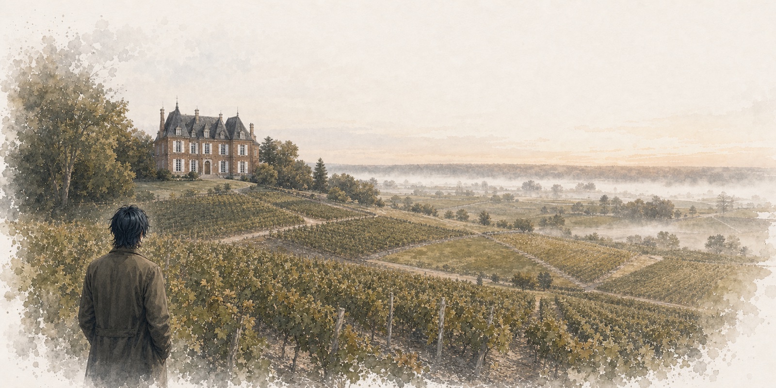 Watercolor illustration of vineyard parcels surrounding a manor on a high gravel hill