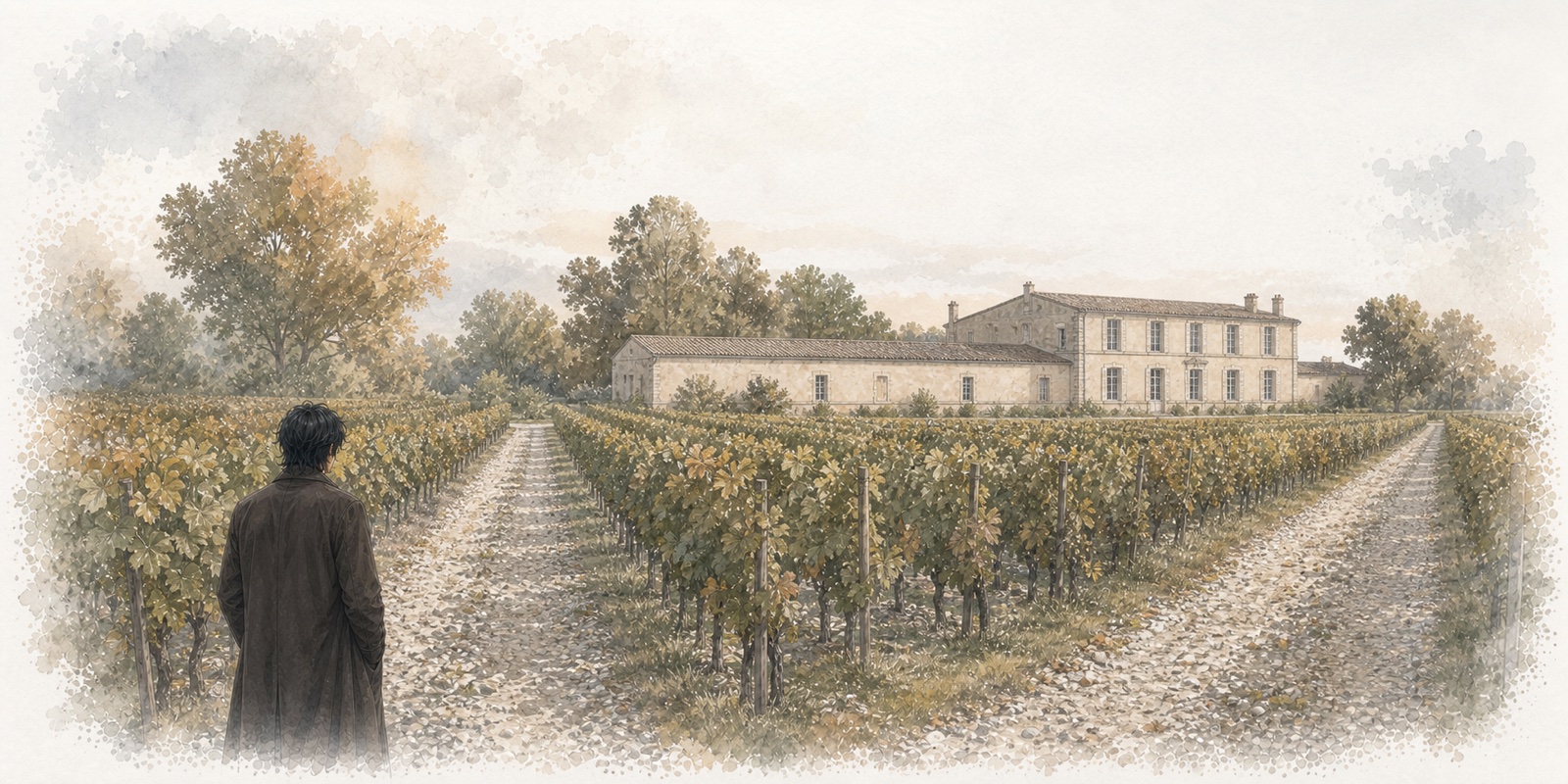 Watercolor illustration of parallel vineyard paths beside a small Margaux estate