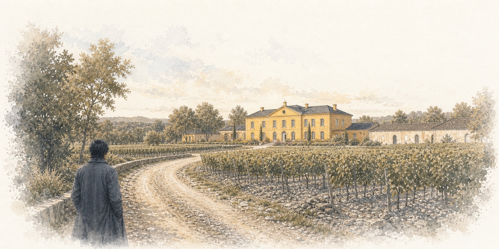 Watercolor illustration of a golden-yellow estate beside a curving vineyard road