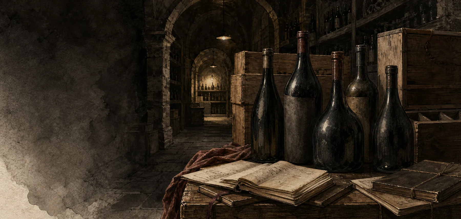 Editorial illustration of unlabelled bottles and archival notebooks in a quiet cellar