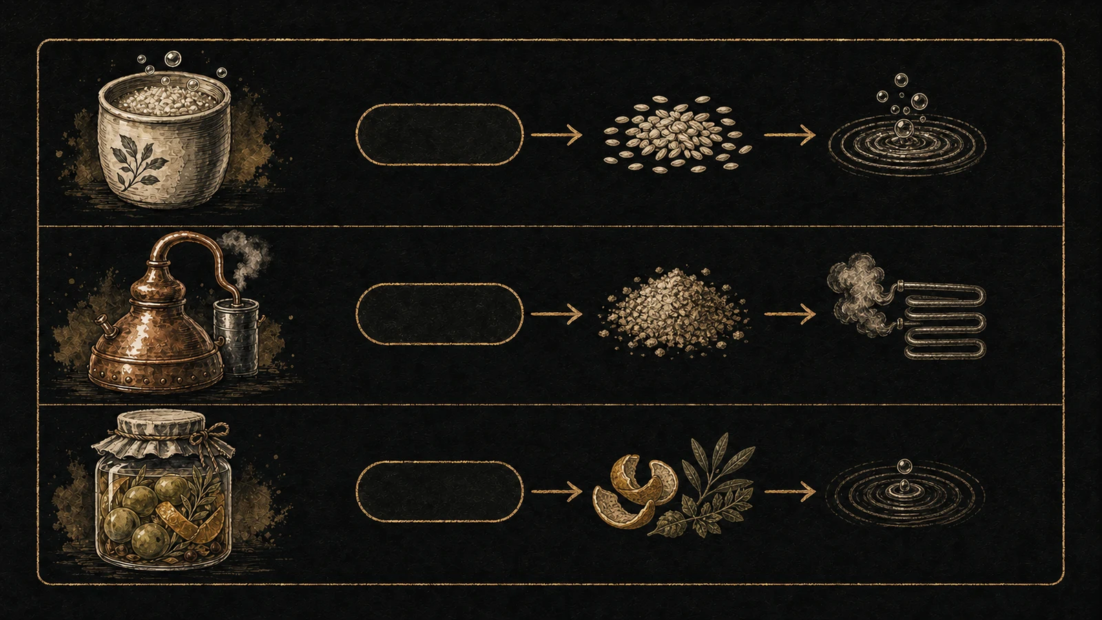 Illustrated production map with a fermentation crock, copper still, and botanical infusion jar