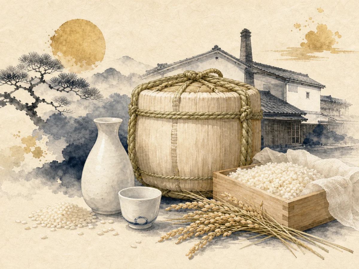 Watercolour illustration of Japanese sake making