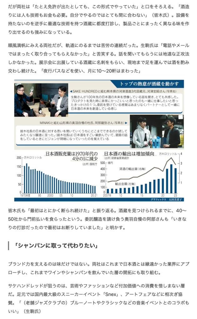 Infographic with two men talking and charts showing sake sales decline and export trends in Japan