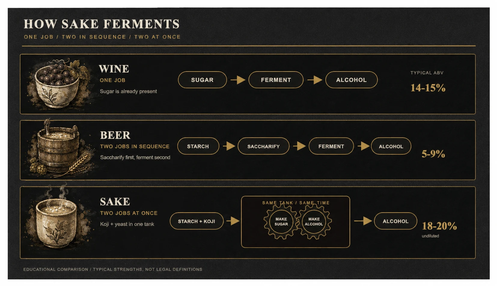 Three fermentation methods compared: wine (single fermentation), beer (sequential: saccharification then fermentation), and sake (parallel: saccharification and fermentation at the same time in one tank), with typical alcohol strengths.