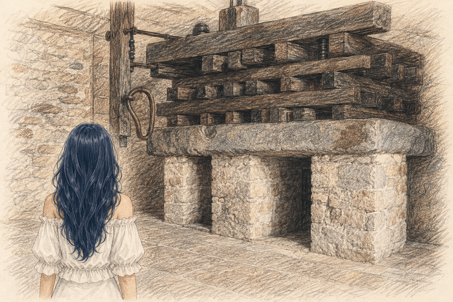 Château de Garnerotの歴史的な圧搾機を見つめる女性のイラスト