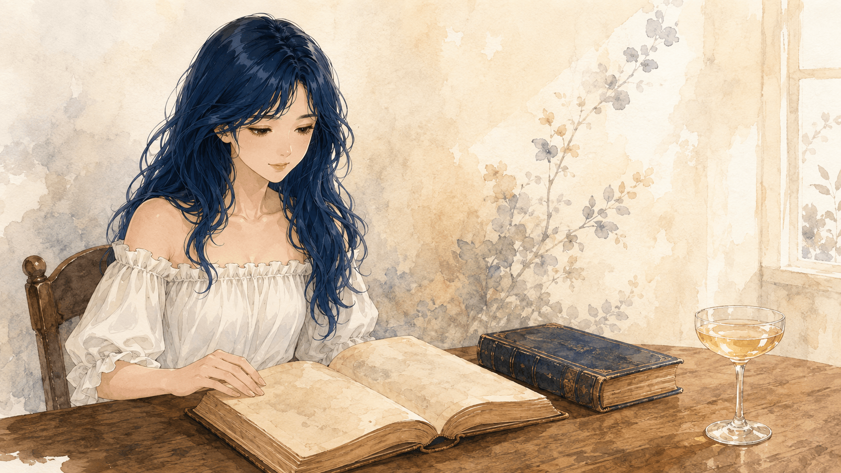 Watercolor illustration of the Bacchus Global guide character reading one open vintage cocktail book beside a closed volume and a pale golden Sidecar