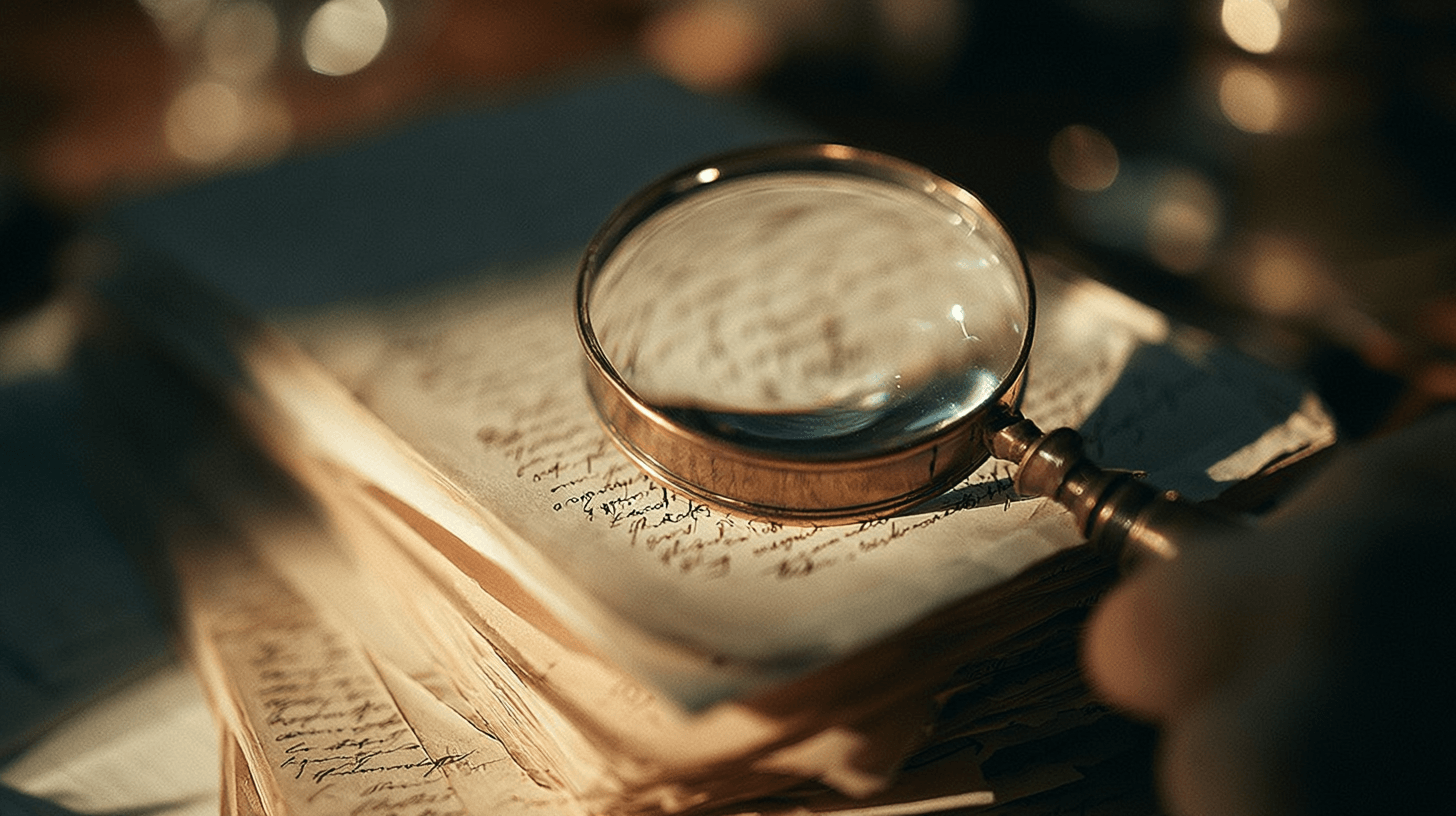 Macro documentary photograph of a stack of aged handwritten documents with a brass-framed magnifying glass, text softly blurred