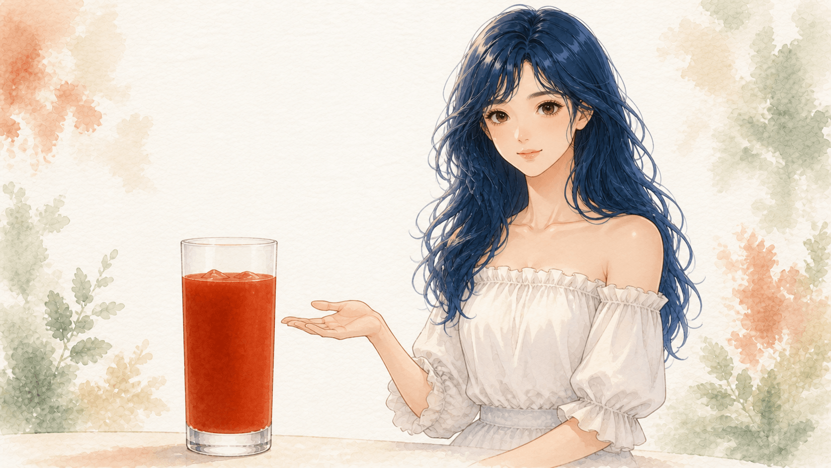 Watercolor illustration of the Bacchus Global guide character presenting a tall Collins glass filled with fully opaque matte tomato-red Bloody Mary, with a bare rim and no garnish