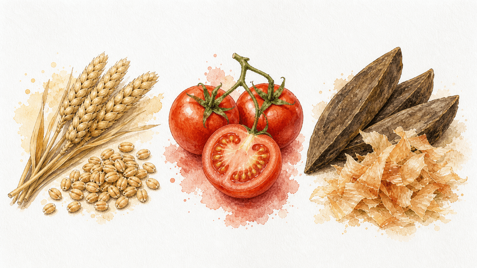 Watercolor natural-history study of compact wheat ears and grains, ripe tomatoes including one cut half, and katsuobushi blocks with thin shavings