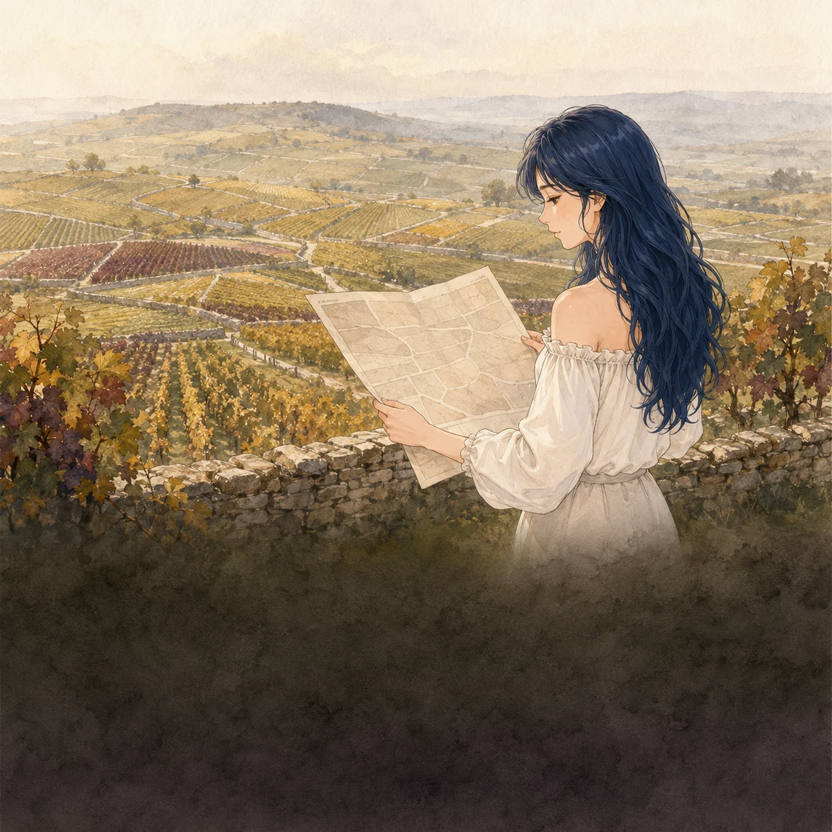 Watercolour view of Burgundy vineyard parcels with a woman reading a map