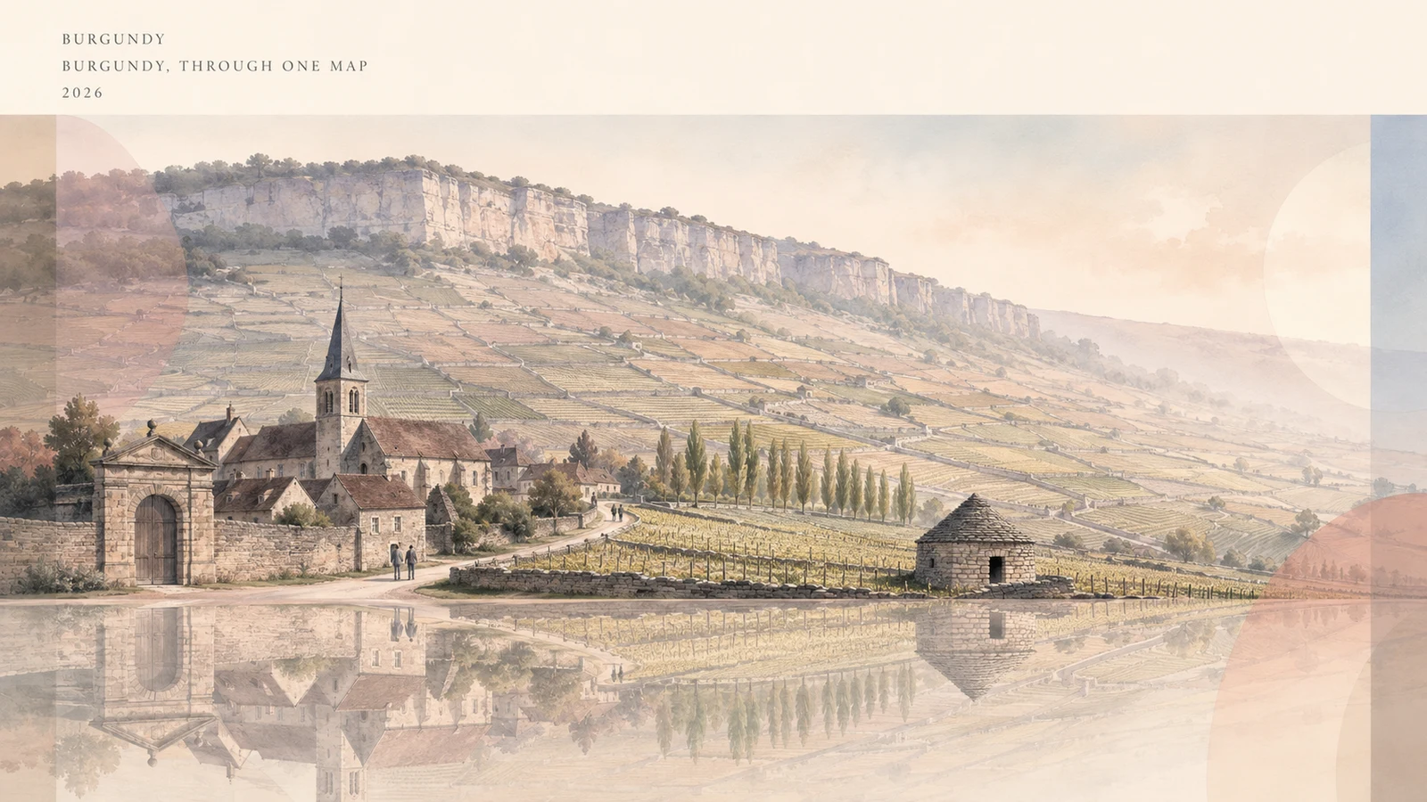 Watercolour map view of Burgundy vineyards and a walled village landscape