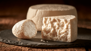 Macro photograph of a cut cheese wheel showing its internal texture