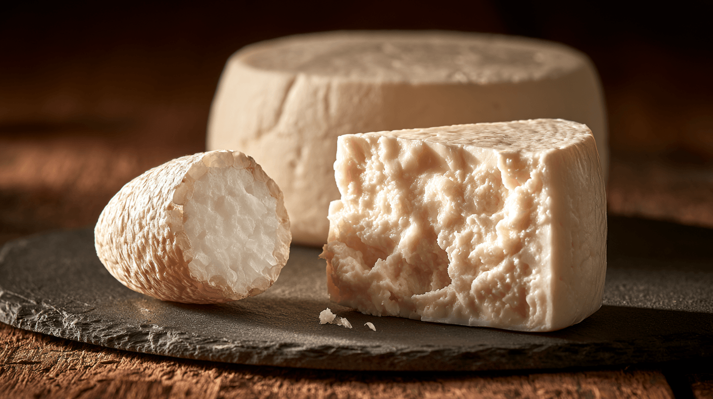 Macro photograph of a cut cheese wheel showing its internal texture