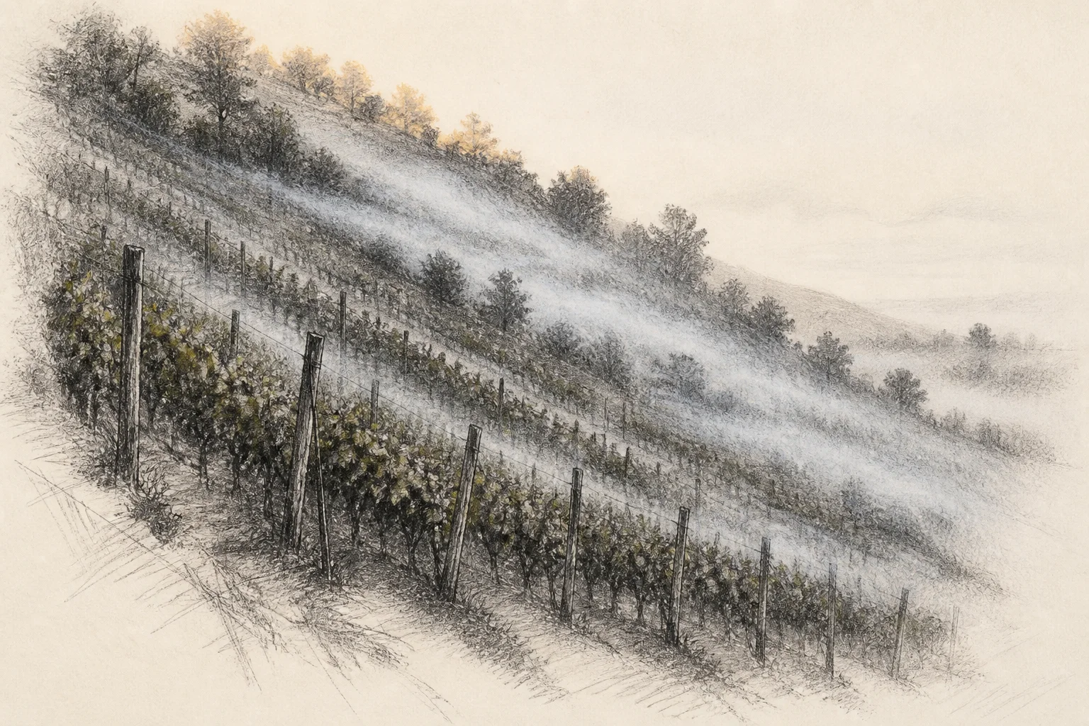 Morning mist crossing a steep Jurançon vineyard