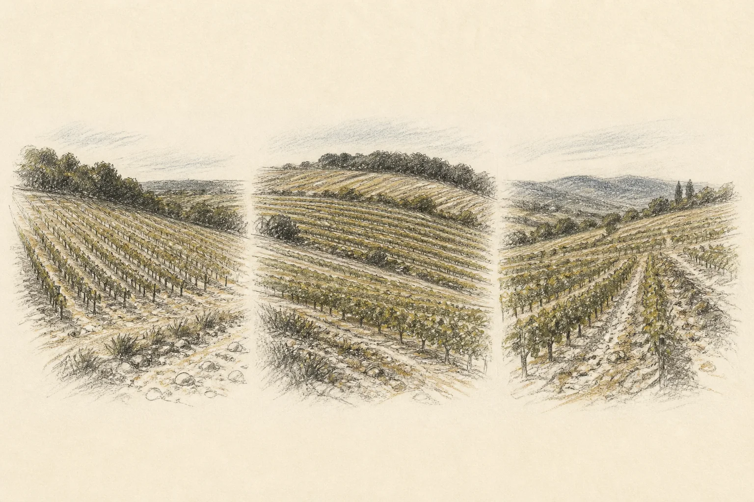 Three charcoal studies showing different vineyard parcels within one estate