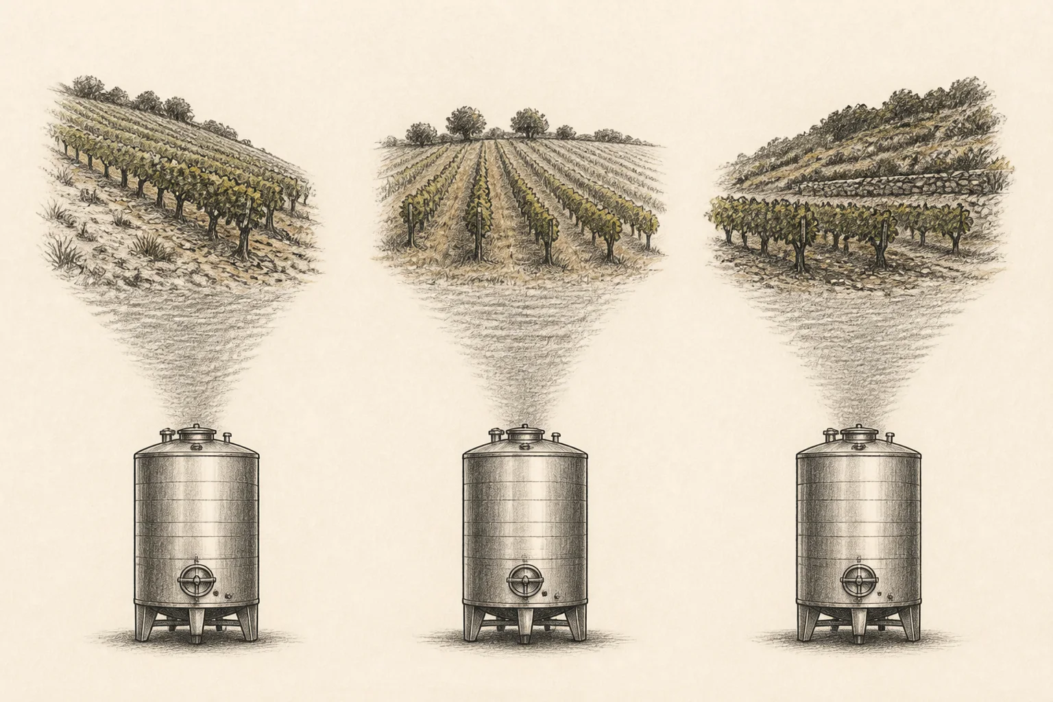 Three vineyard parcels shown vinified in three separate tanks