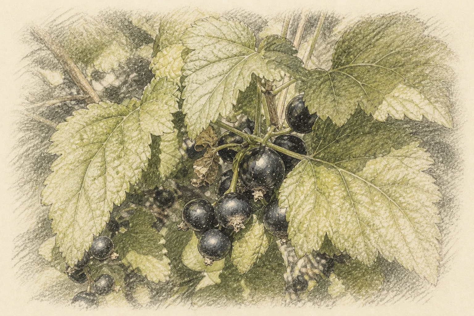 A botanical sketch of blackcurrants growing on the plant, based on a Bacchus Global source photograph