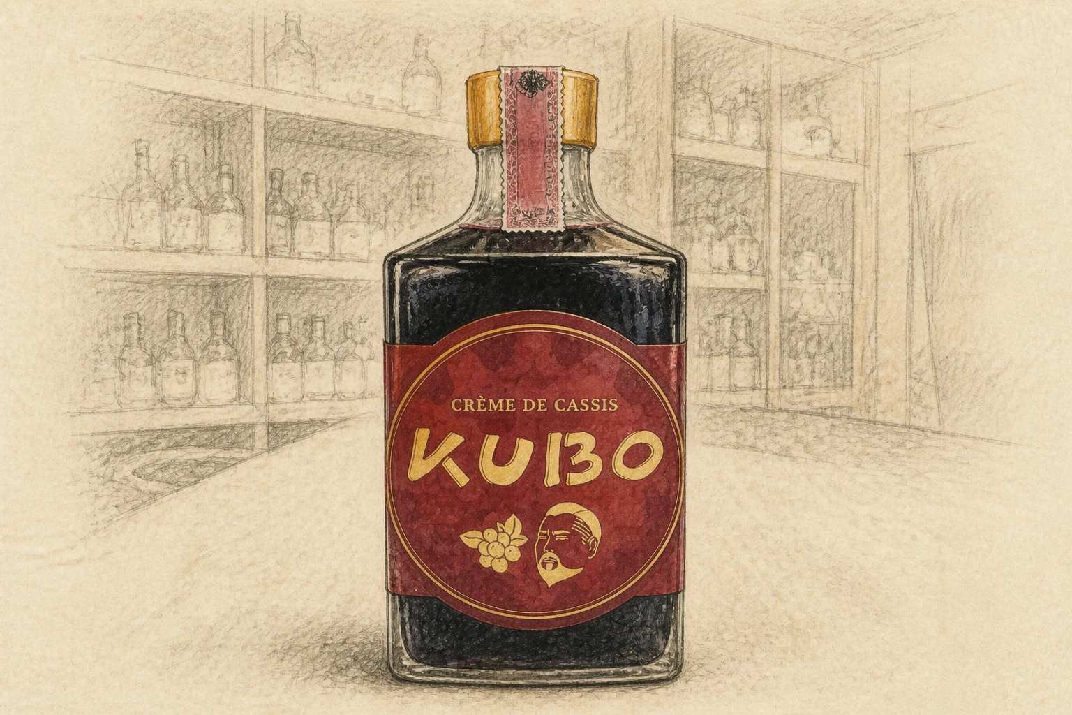 A sketch of the Crème de Cassis KUBO bottle from Kanegasaki Yakusou Shuzou