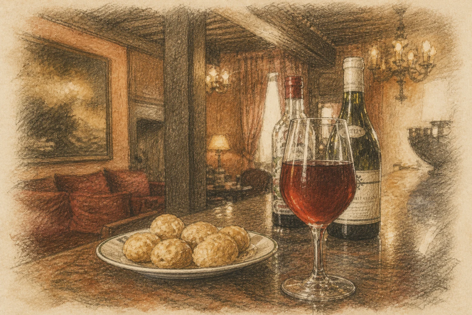 A sketch of a Kir with gougères, reflecting the Burgundian starting point of the Crème de Cassis KUBO story