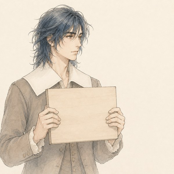 17世紀の若い紳士を思わせる人物の線画イラスト。文字のない木の板を縁で持っている