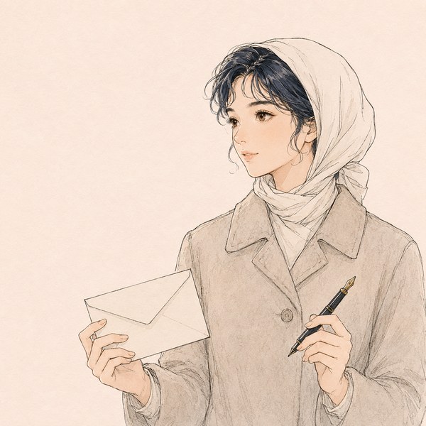 20世紀半ばの女性当主を思わせる人物の線画イラスト。封書と万年筆を手にしている