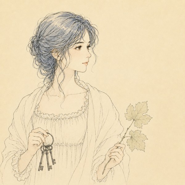 18世紀末の若い女性を思わせる人物の線画イラスト。鉄の鍵束とぶどうの葉の小枝を手にしている