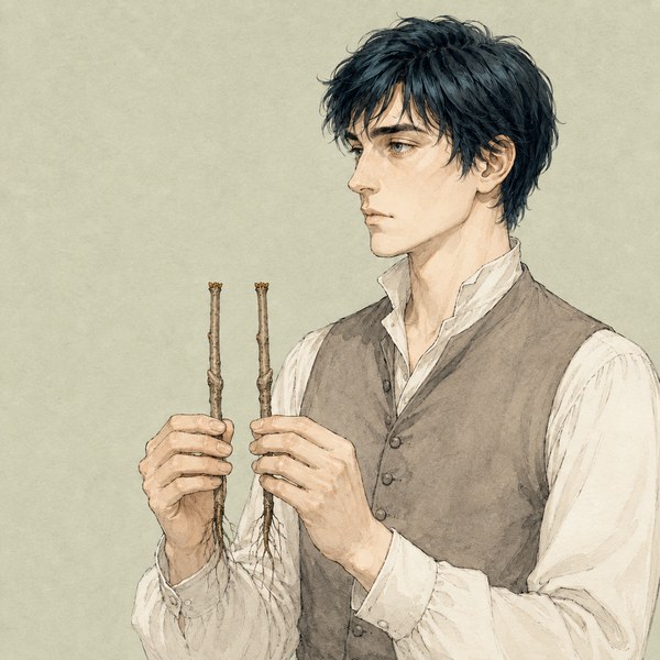 19世紀半ばのぶどう畑の主を思わせる人物の線画イラスト。接ぎ木した若い苗木を両手に1本ずつ掲げている