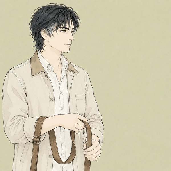 現代のヴィニュロンを思わせる人物の線画イラスト。使い込まれた馬具の革帯を前腕にかけている