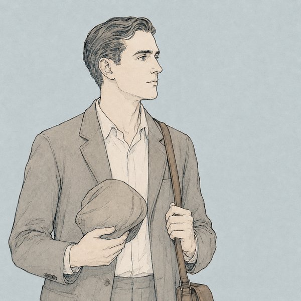 1930年代の実務家を思わせる人物の線画イラスト。折りたたんだ布帽と革の鞄を手にしている
