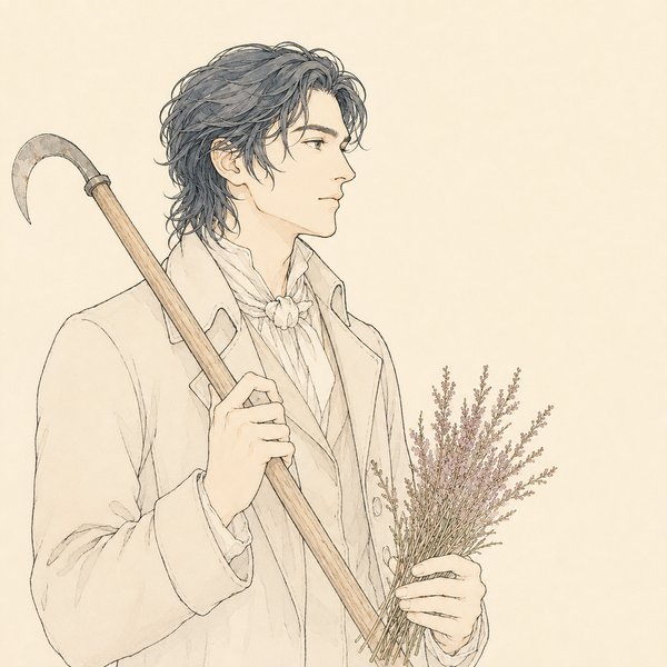 19世紀初頭の開墾者を思わせる人物の線画イラスト。柄の長い草刈り鎌を肩に、刈り取ったヒースの束を手にしている