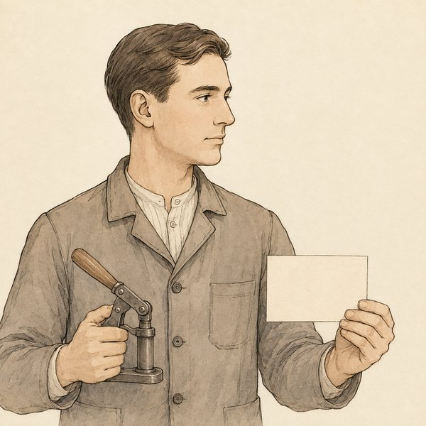 1930年代のブルゴーニュの生産者を思わせる人物の線画イラスト。小さなコルク打栓レバーと無地の白紙ラベルを手にしている