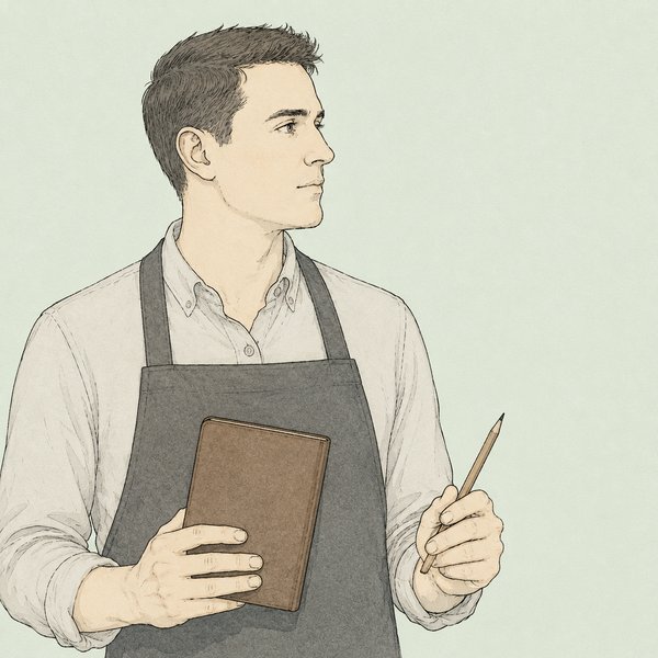 現代のセラーマスターを思わせる人物の線画イラスト。革表紙の閉じたノートと鉛筆を手にしている