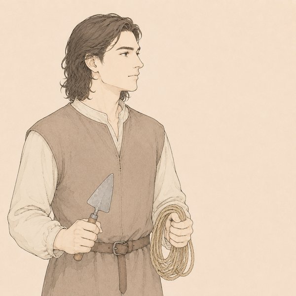 中世の石工/差配を思わせる人物の線画イラスト。石工用のこてと巻いた測量縄を手にしている
