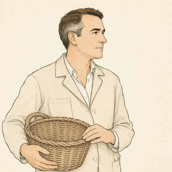 1960年代の当主を思わせる人物の線画イラスト。空の編みかご摘み籠を腰に抱えている
