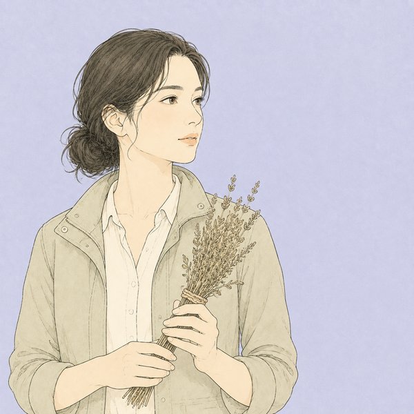 現代の女性当主を思わせる人物の線画イラスト。麻紐で束ねた乾燥ハーブを両手で胸の高さに持っている