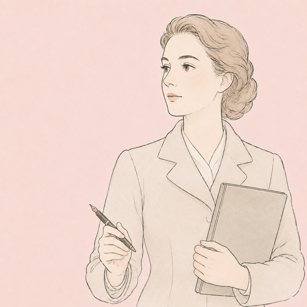 1940年代の当主を思わせる女性の線画イラスト。万年筆と無地の帳簿を手にしている