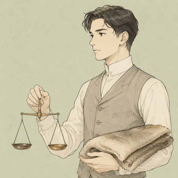 1900年代初頭の毛皮商を思わせる人物の線画イラスト。折りたたんだ毛皮と真鍮の天秤ばかりを手にしている