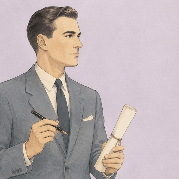 1950年代の当主を思わせる人物の線画イラスト。無地の巻物と万年筆を手にしている