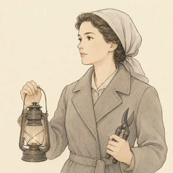 1940年代、戦時下に経営を引き継いだ女性を思わせる線画イラスト。小さなランタンと剪定鋏を手にしている