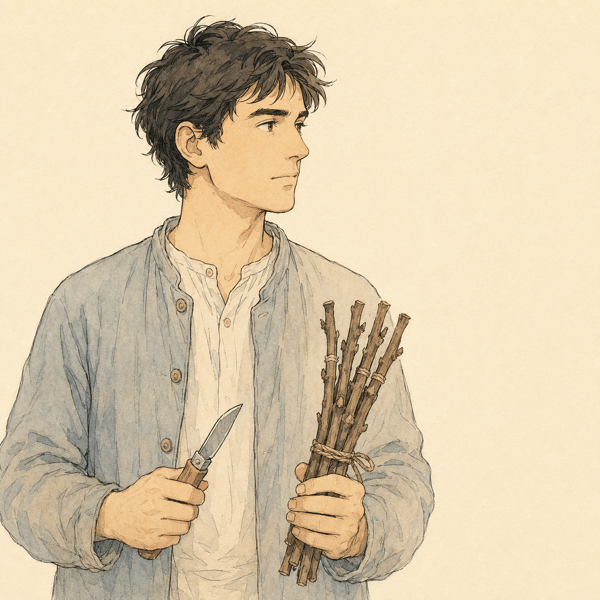 1910年代の栽培家を思わせる人物の線画イラスト。接ぎ木苗の束と小さな剪定ナイフを手にしている