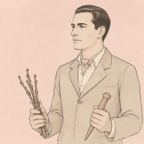 1940年代のイタリア人地主を思わせる人物の線画イラスト。接ぎ木苗の束と木製の植え付け道具を手にしている