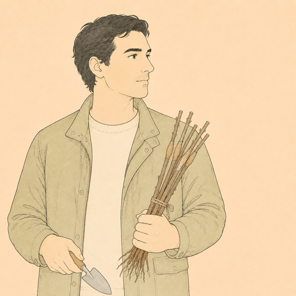 1980年代の創業者を思わせる人物の線画イラスト。若い接ぎ木苗の束と小さな鏝を手にしている