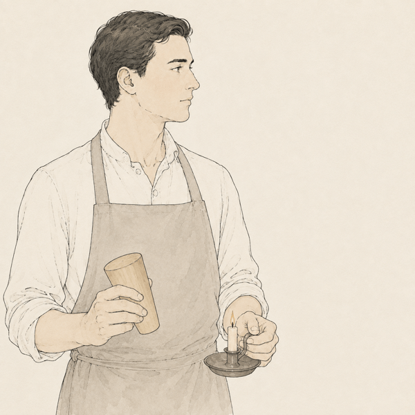 1920年代のピエモンテのセラーマンを思わせる人物の線画イラスト。大樽の栓と小さな灯りを手にしている