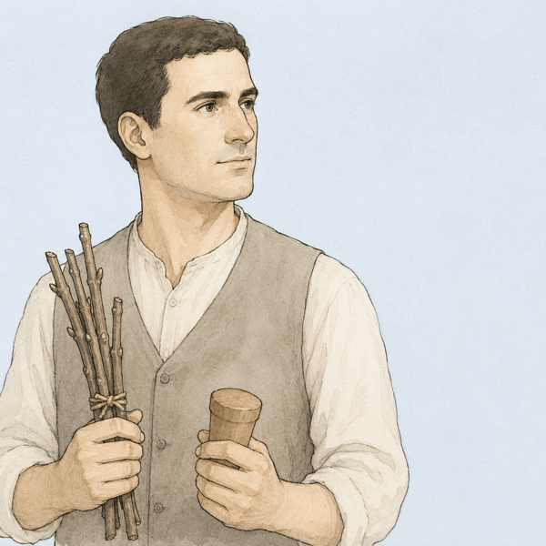 1900年代初頭のスペイン人醸造家を思わせる人物の線画イラスト。接ぎ木苗の束と樽の栓を手にしている
