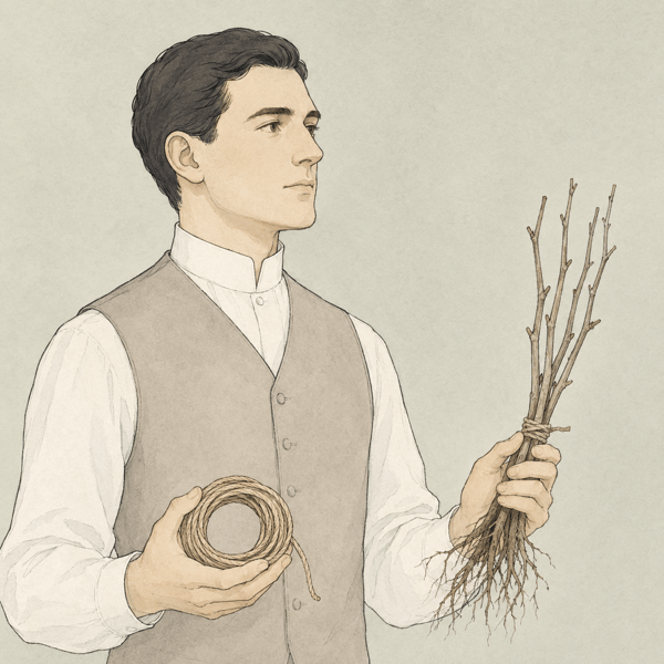 1900年代初頭の創業者を思わせる人物の線画イラスト。計測縄と若い苗木の束を手にしている