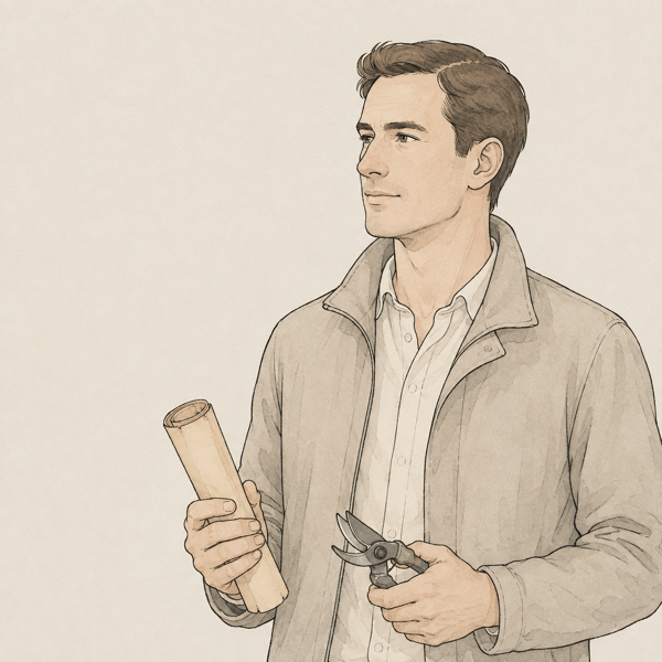 現代のドイツ人醸造家を思わせる人物の線画イラスト。古い巻物の文書と剪定鋏を手にしている