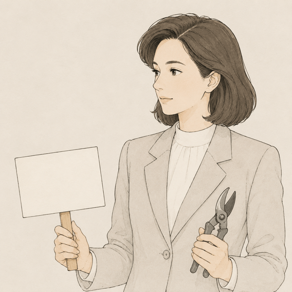 1980年代の実業家女性を思わせる人物の線画イラスト。無地の看板と剪定鋏を手にしている